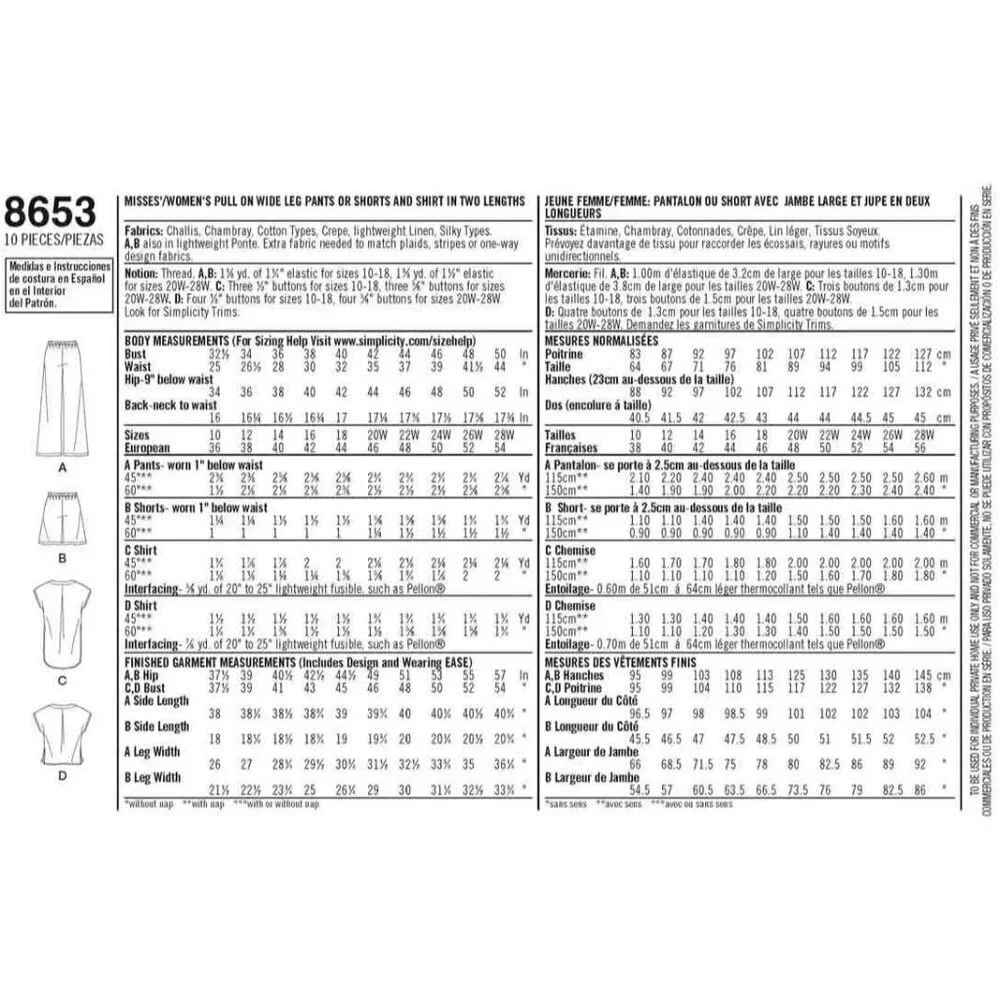 Simplicity Sewing Pattern‎ 8653 Wide Leg Pants Shirt Misses Size 10-18